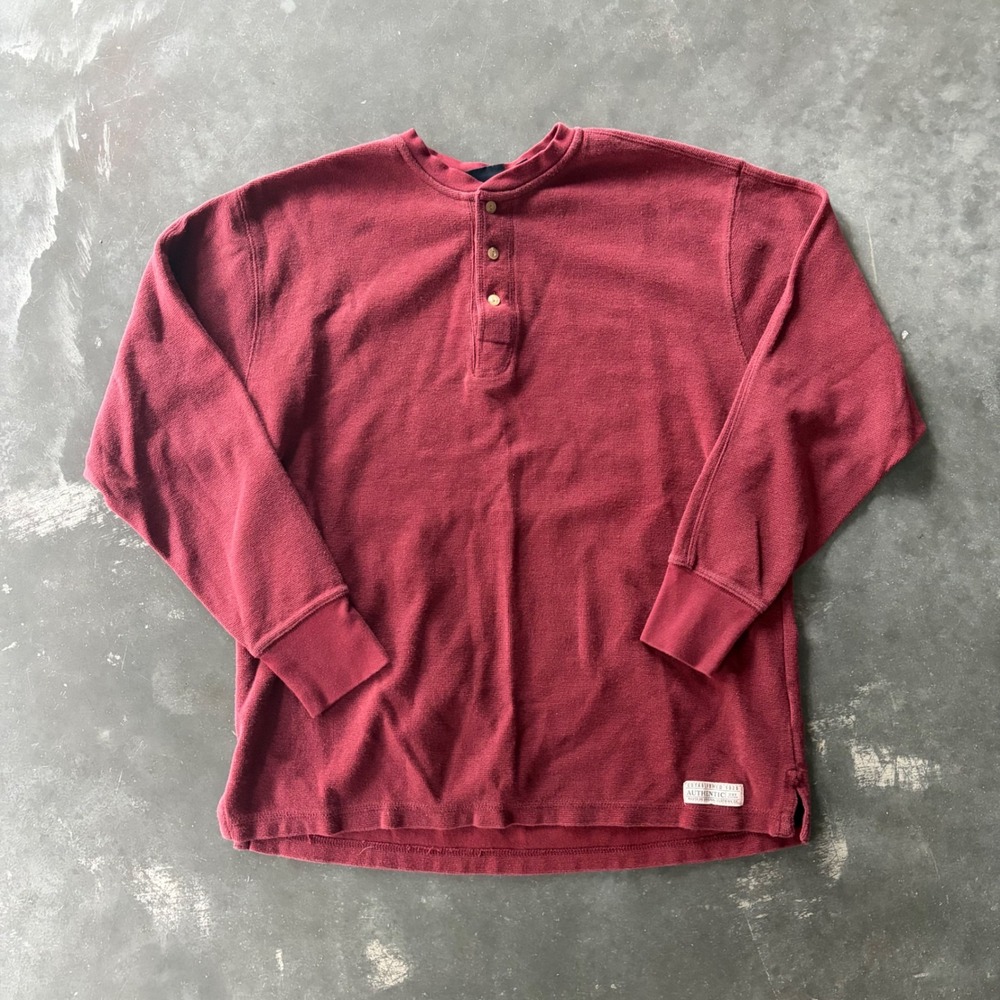 Route 66 Mens Henley Shirt Long Sleeve Maroon Cotton Waffle Knit Large